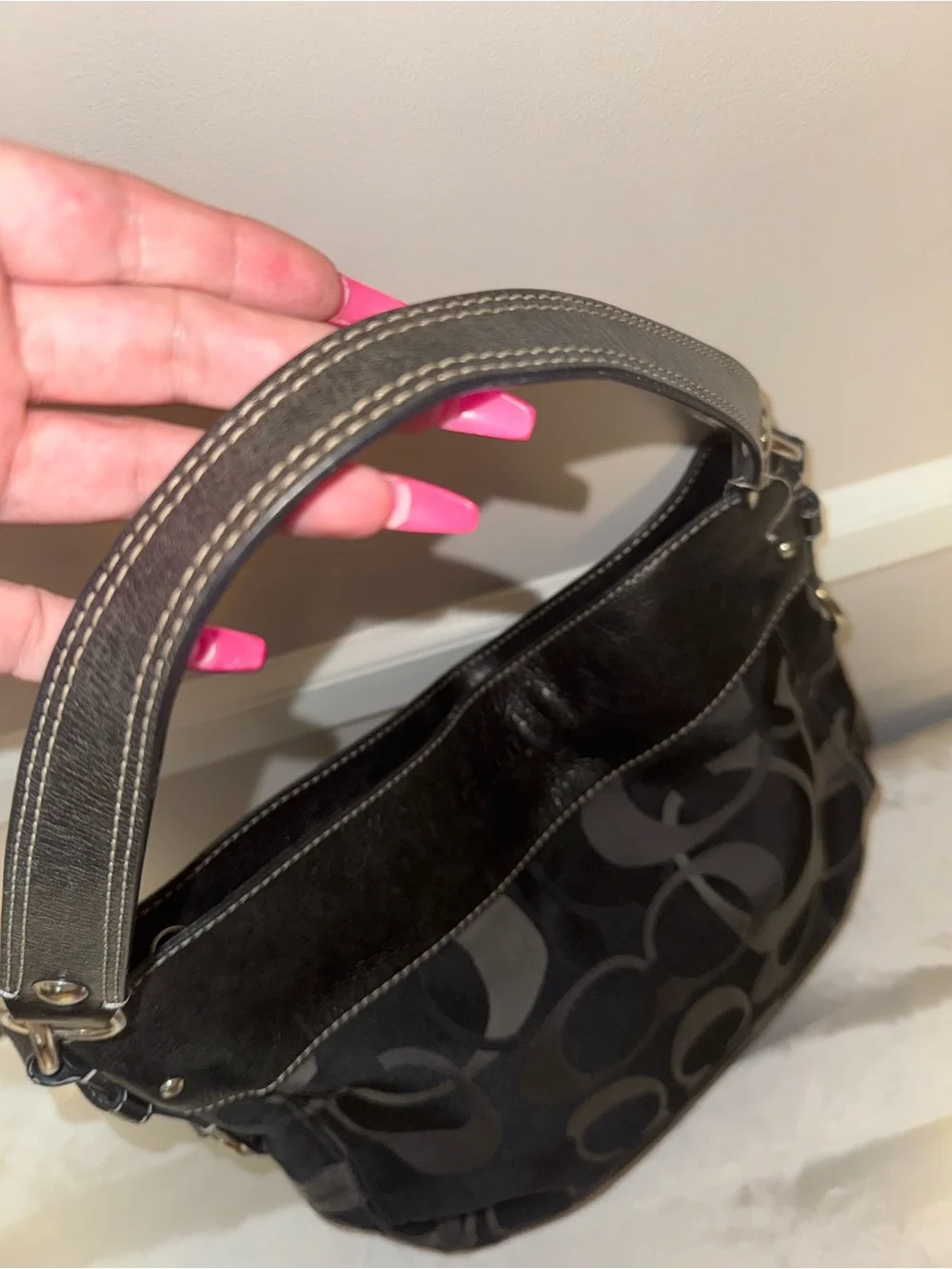 Coach Black and Gray Signature Canvas Shoulder Bag